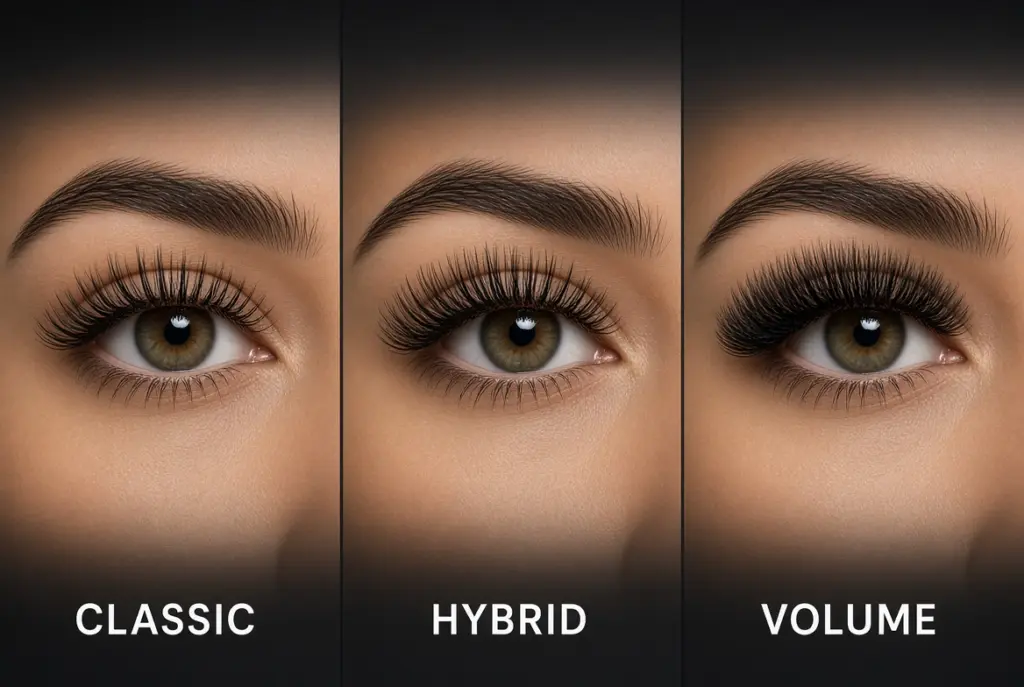Classic, hybrid and volume lash extensions compared side by side at NAB Nail Bar in Las Vegas