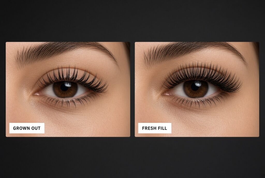 Grown-out lash extensions next to a fresh fill at NAB Nail Bar in Las Vegas