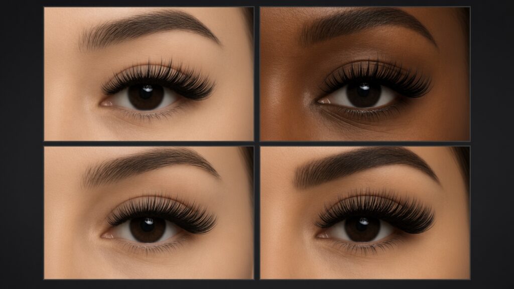 Four lash extension sets on different eye shapes and skin tones at NAB Nail Bar in Las Vegas