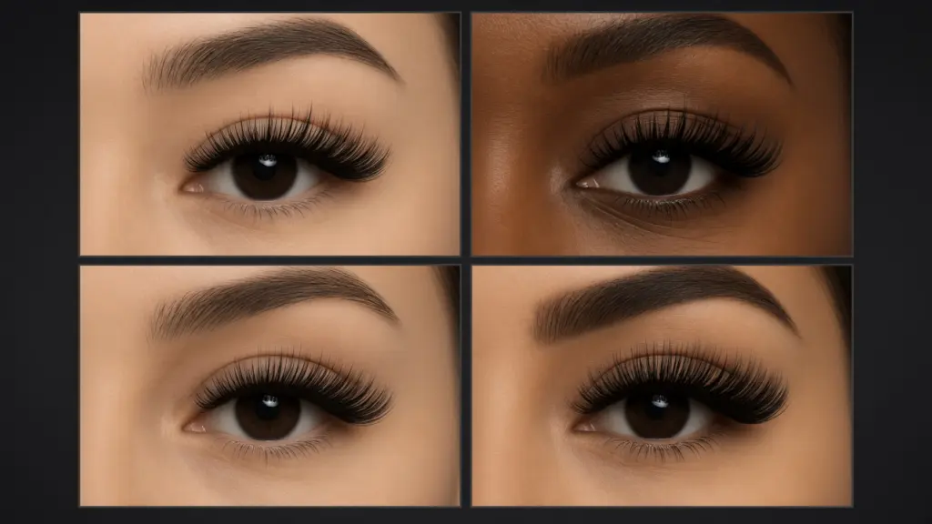 Four lash extension sets on different eye shapes and skin tones at NAB Nail Bar in Las Vegas