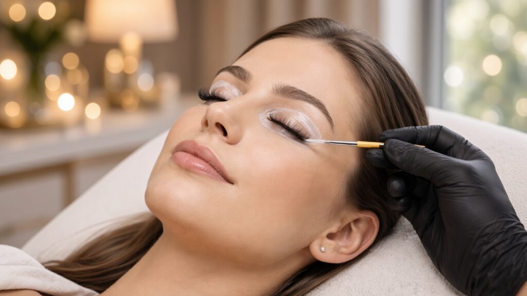 A lash technician brushing lift and tint solution onto the lashes at NAB Nail Bar in Las Vegas