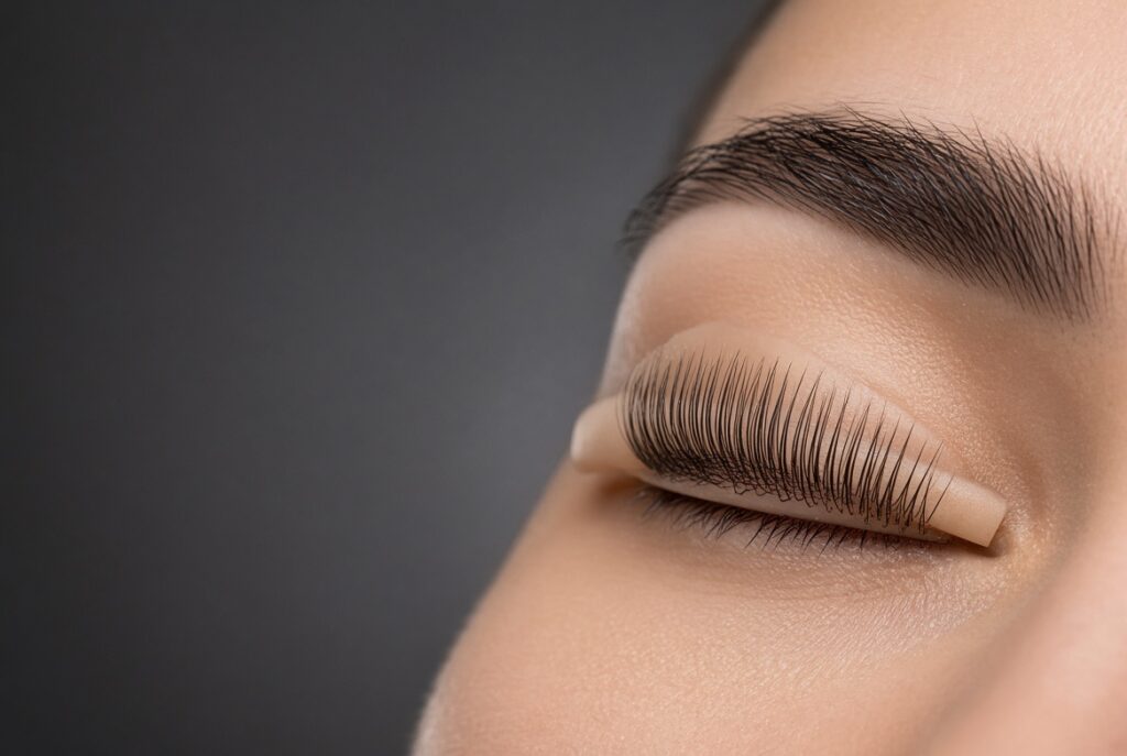 A silicone lifting rod in place on the lash line during a lash lift at NAB Nail Bar in Las Vegas