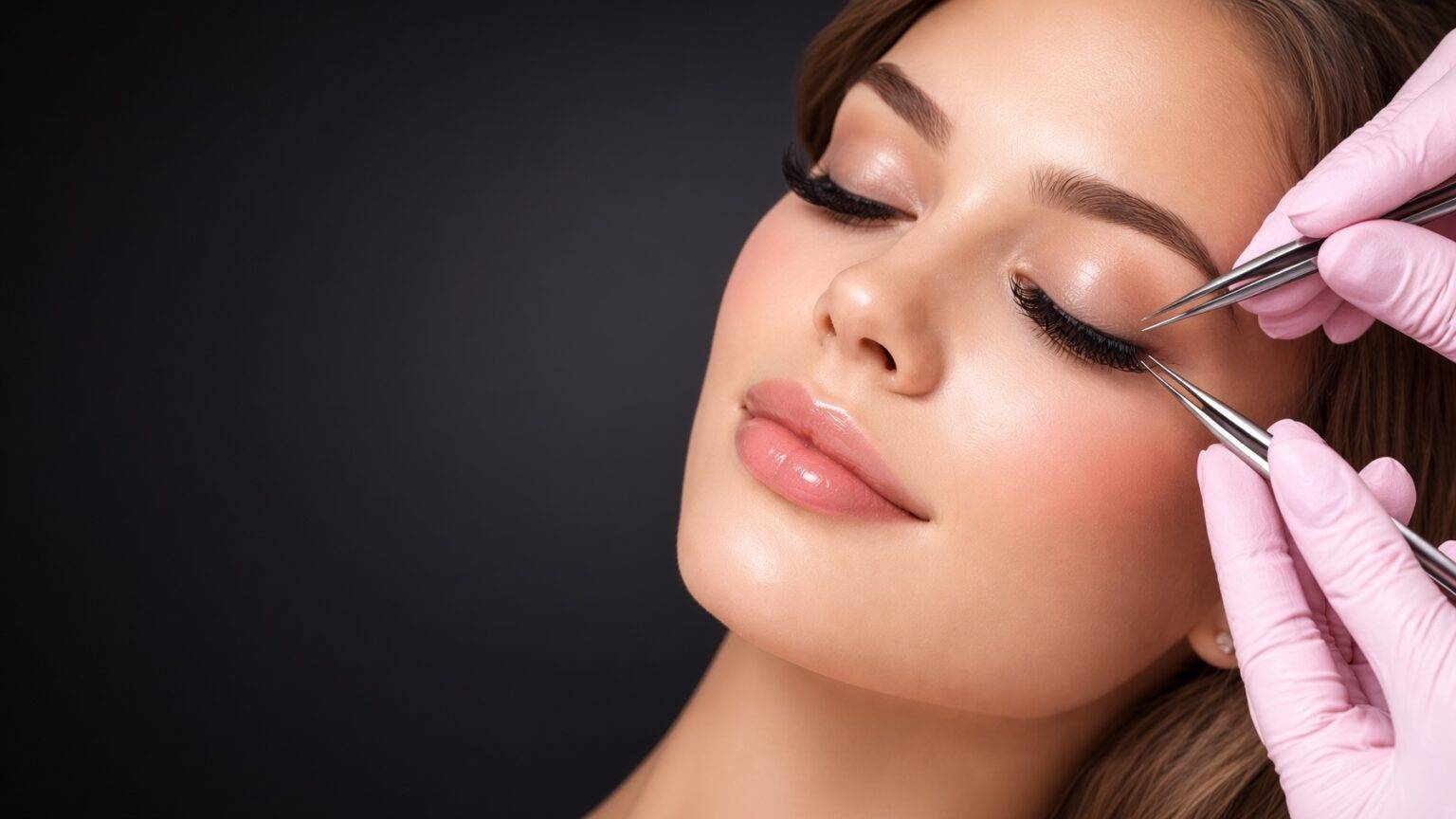 A lash technician at NAB Nail Bar in Las Vegas isolating a natural lash and placing a volume extension