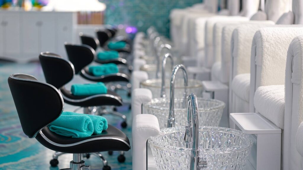 Row of black pedicure chairs with teal towels in a spa pedicure station glass basins in front Nab nail bar | nails lashes and beauty in las vegas