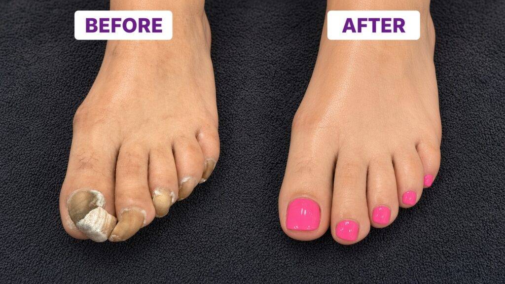 Before and after comparison of feet left foot with thick discolored nail on large toe right foot with smooth pink polished nails after treatment Nab nail bar | nails lashes and beauty in las vegas