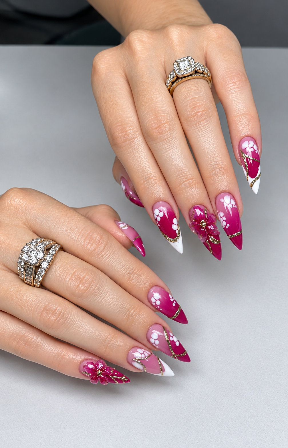Nga 3D floral magenta stiletto nail art at NAB Nail Bar Las Vegas
