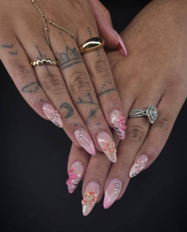 Pink 3d floral gel x nails with hand painted art and crystals at nab nail bar in las vegas nab nail bar | nails lashes and beauty in las vegas