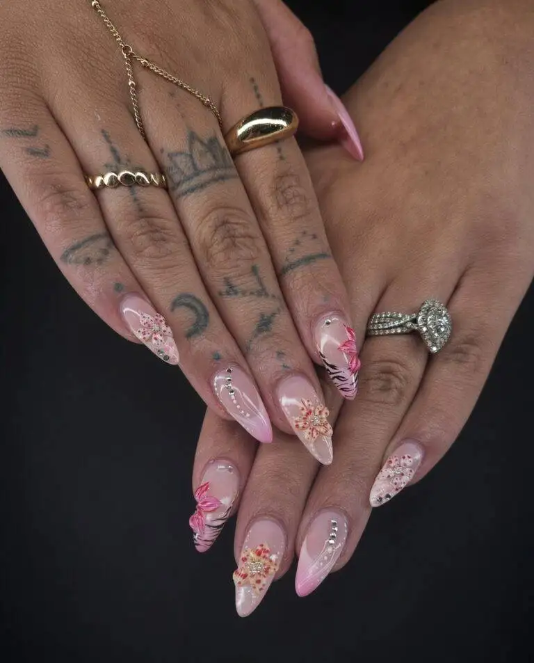Pink 3d Flowers Mobile Nab Nail Bar | Nails Lashes and Beauty in Las Vegas Pink 3d floral gel x nails with hand painted art and crystals at nab nail bar in las vegas nab nail bar | nails lashes and beauty in las vegas