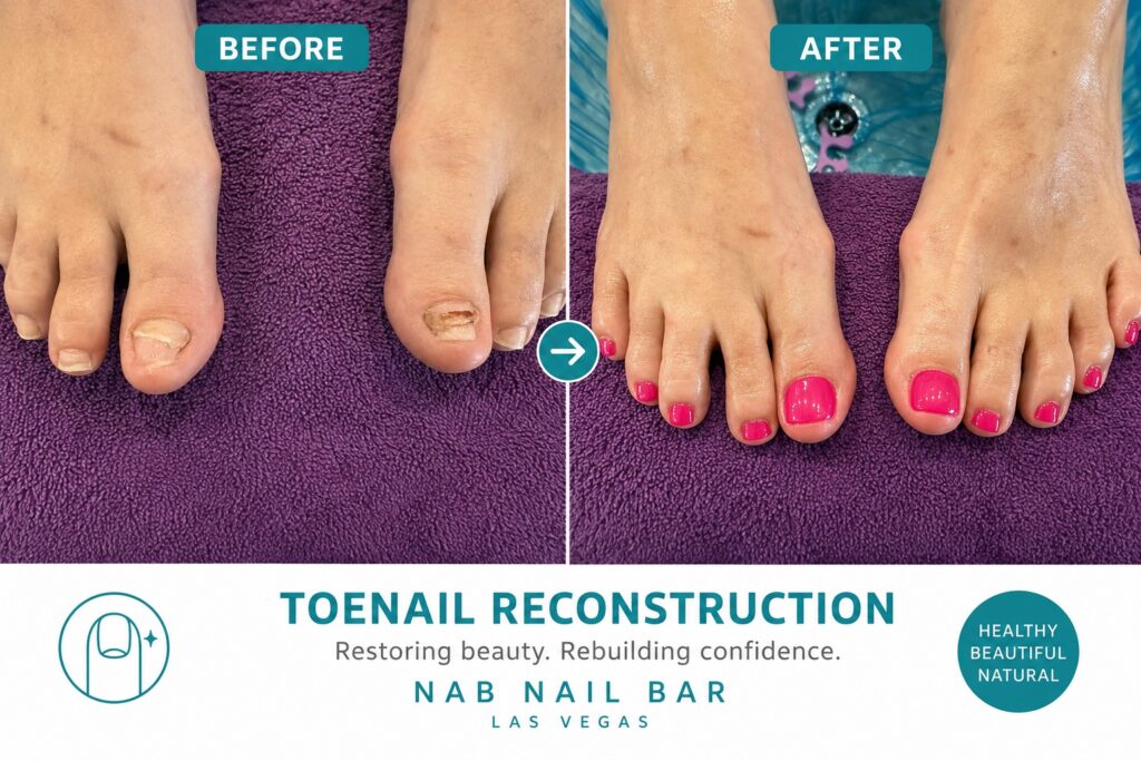 Before and after photo of toenail reconstruction damaged left toenail and improved right nails with pink polish on a purple towel background nab nail bar branding beneath Nab nail bar | nails lashes and beauty in las vegas