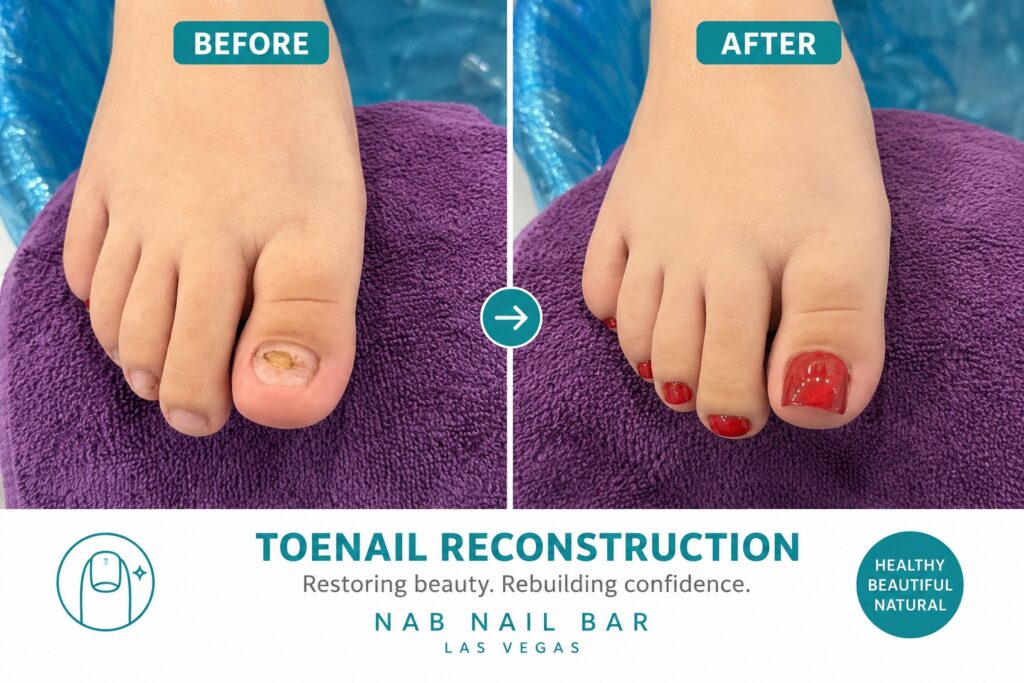Before and after toenail reconstruction left toe with damaged nail right toe with healthy red polished nail Nab nail bar | nails lashes and beauty in las vegas