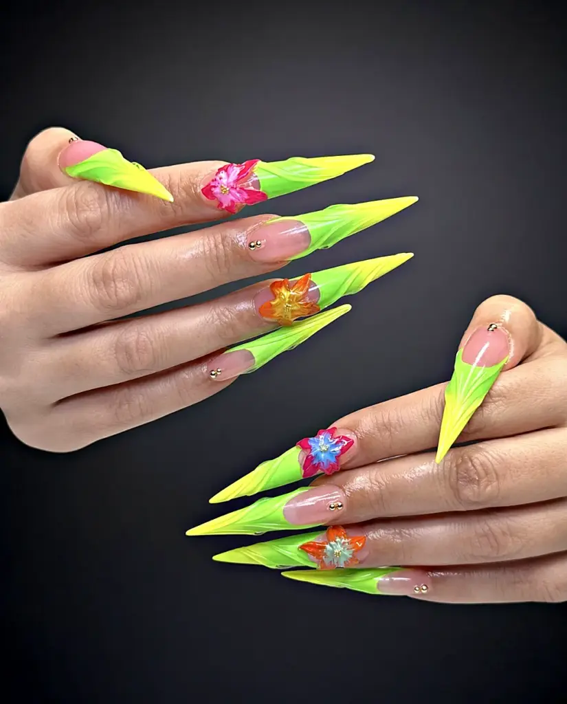 2.5 inch sculpted stiletto Gel X nails in neon green and yellow with 3D flowers, custom made with NABulous tips at NAB Nail Bar in Las Vegas