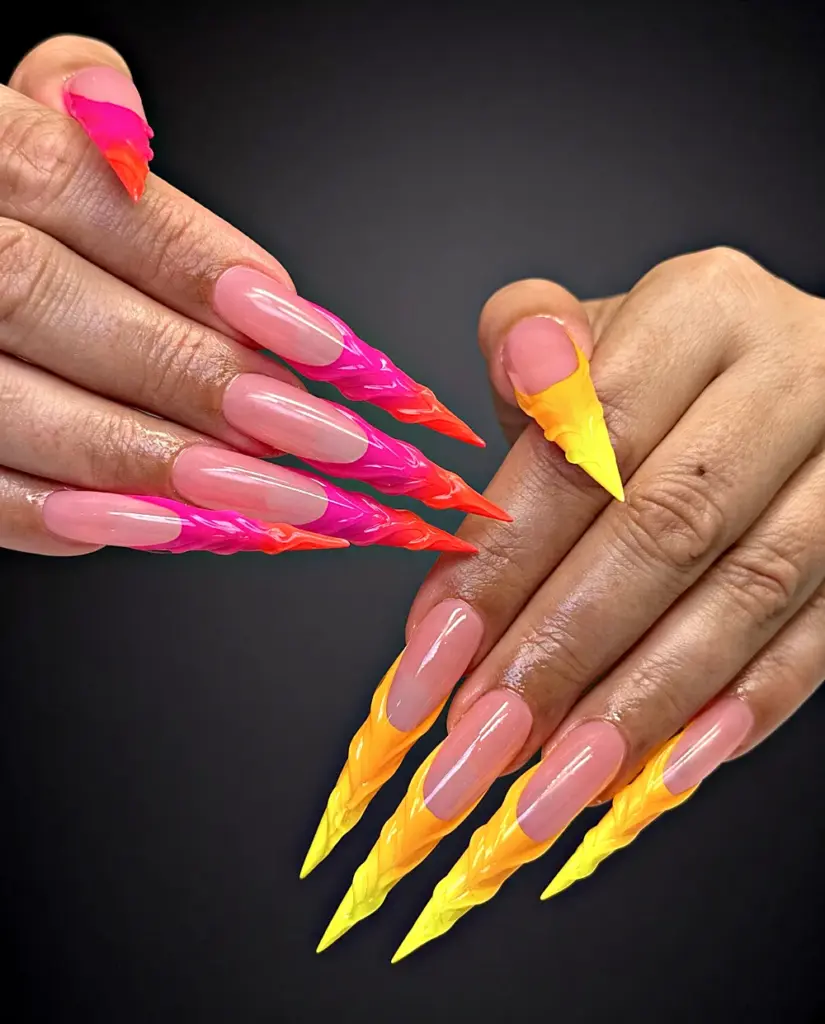 2.5 inch sculpted stiletto Gel X nails in neon pink, orange and yellow, custom made with NABulous tips at NAB Nail Bar in Las Vegas