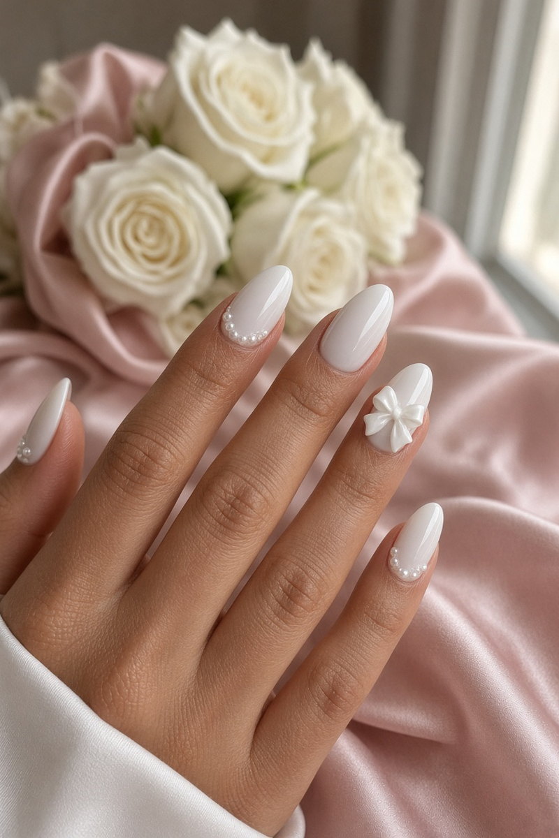 White almond nails with a sculpted 3d bow and pearl dot detail on pink satin with white roses nab nail bar