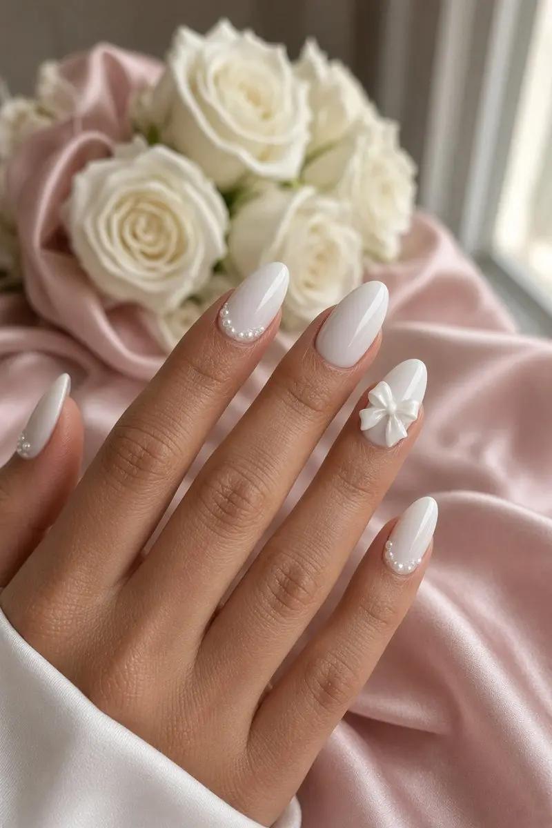 White almond nails with a sculpted 3d bow and pearl dot detail on pink satin with white roses nab nail bar