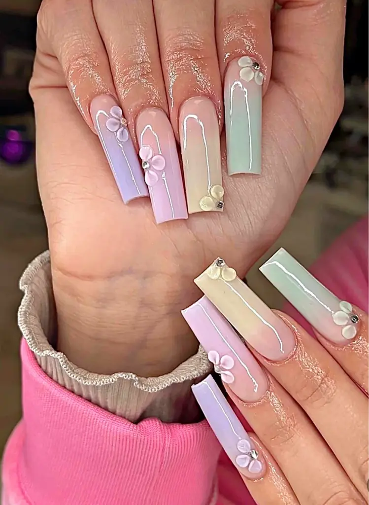 Extra long square Gel X nails in pastel ombré with 3D flowers and crystals at NAB Nail Bar in Las Vegas