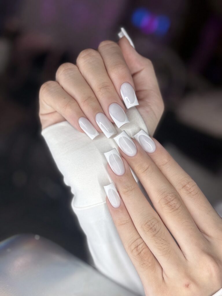 milky-white-square Milky white square wedding nails with a soft glossy finish, done at NAB Nail Bar in Las Vegas