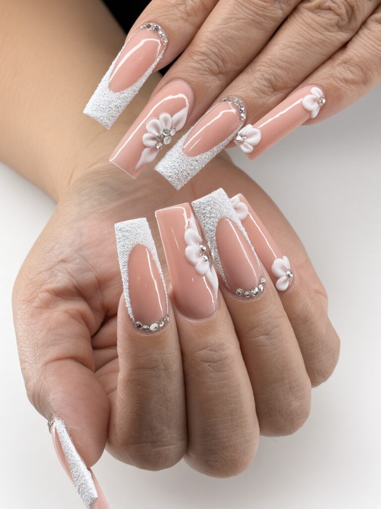 nude-pink-glitter-tip-flower Nude bridal nails with silver glitter tips, sculpted 3D white flowers and rhinestone accents, done at NAB Nail Bar in Las Vegas