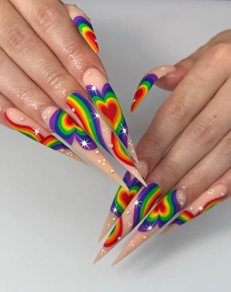 Rainbow heart stiletto acrylic full set with rhinestones at NAB Nail Bar, Las Vegas