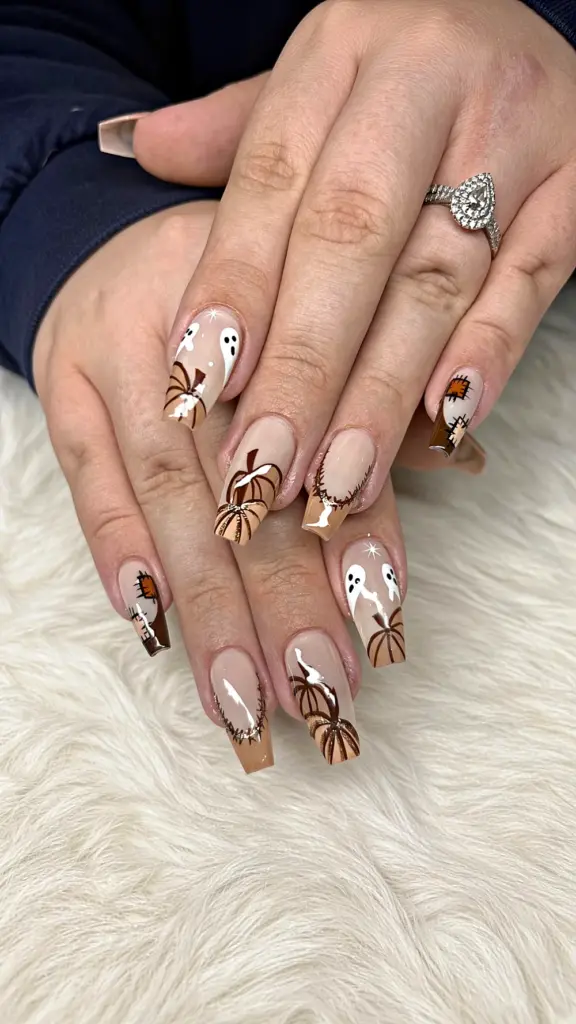 Short coffin Gel X nails in nude and brown with hand-painted ghosts, pumpkins and patchwork at NAB Nail Bar in Las Vegas