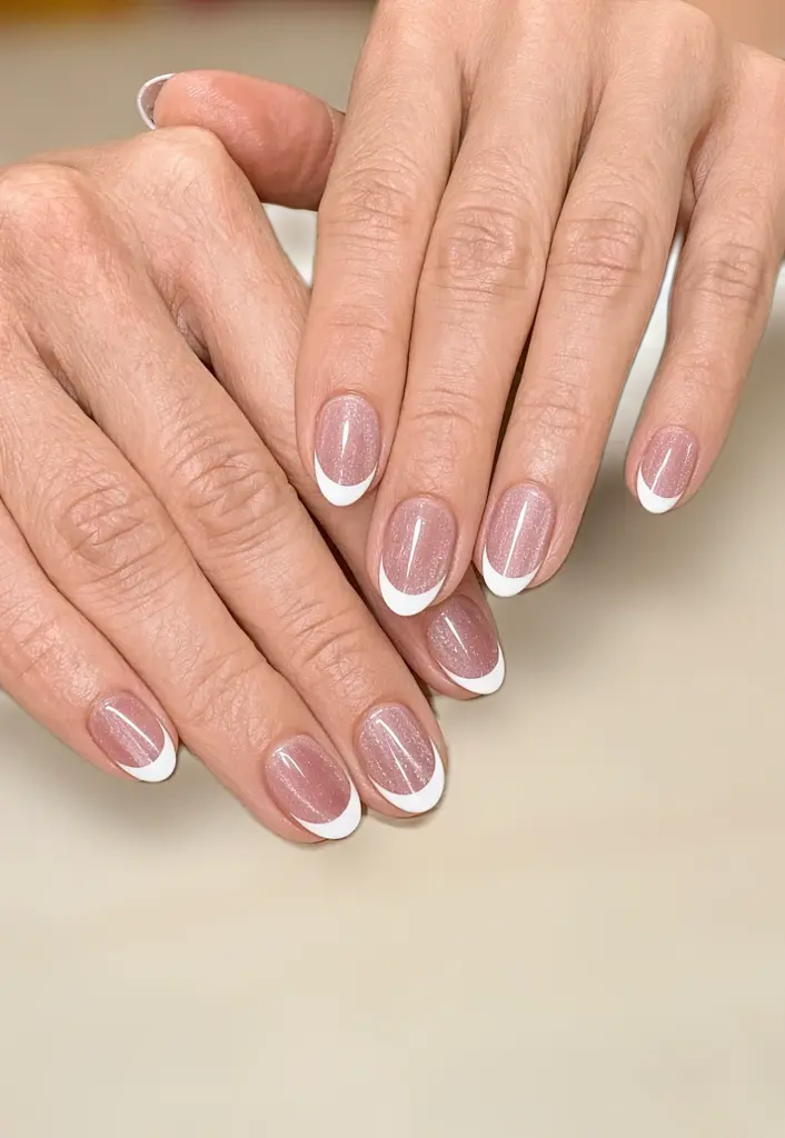 Short oval Gel X nails with a classic white French tip over a pink shimmer base at NAB Nail Bar in Las Vegas