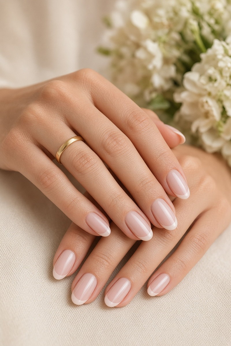 Wedding Nails Las Vegas Micro French Almond Bridal Set Nab Nail Bar Almond bridal nails with a fine micro french tip worn with a gold band beside white flowers nab nail bar