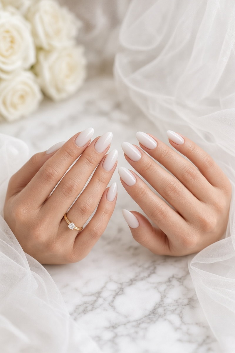 Wedding Nails Las Vegas Milky White Almond Bridal Set Nab Nail Bar Milky white almond bridal nails on both hands with white roses tulle and an engagement ring nab nail bar