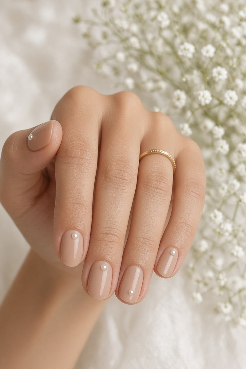 Wedding Nails Las Vegas Nude Almond Set with Pearl Accents Nab Nail Bar Soft nude almond bridal nails with small pearl accents photographed against babys breath nab nail bar