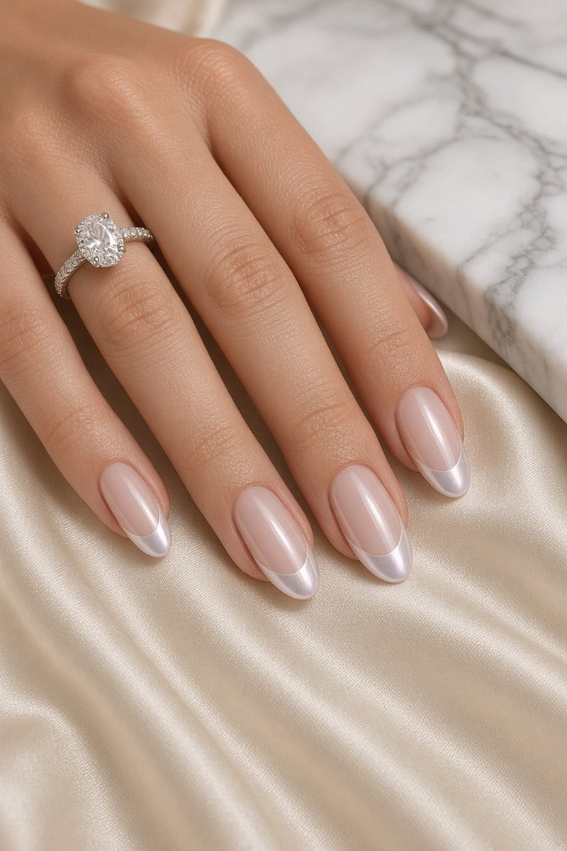 Wedding Nails Las Vegas Pearl Chrome French Almond Set Nab Nail Bar Almond bridal nails with a pearl chrome french tip worn with a solitaire engagement ring on cream silk nab nail bar